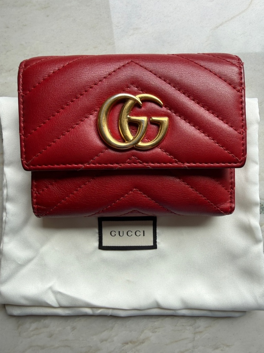 Gucci Red Quilted GG Chevron Marmont Leather Wallet with Gold Hardware